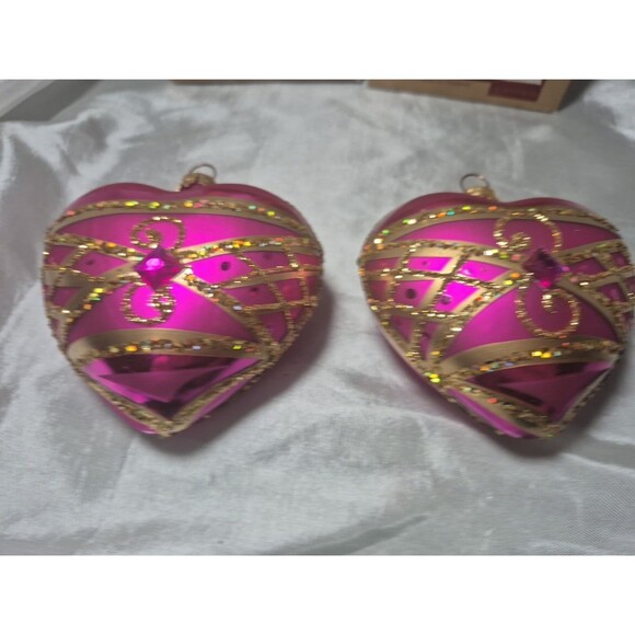 Set Of 2 Vitbis Glass Pink Jeweled Heart Shaped Ornaments Made In Poland - Picture 2 of 16